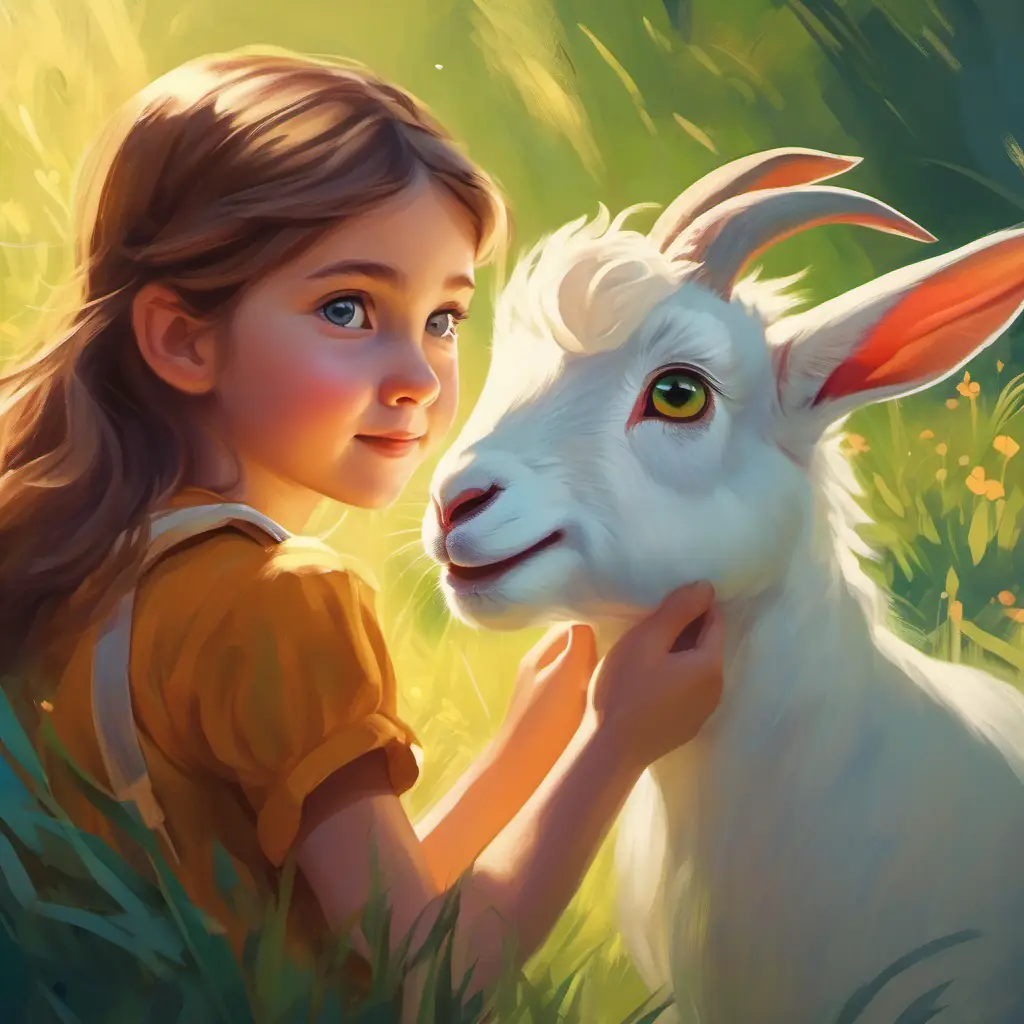 A rabbit appears; A young girl with sun-kissed skin, green eyes, and a curious look and A playful white goat with bright eyes and floppy ears follow it.