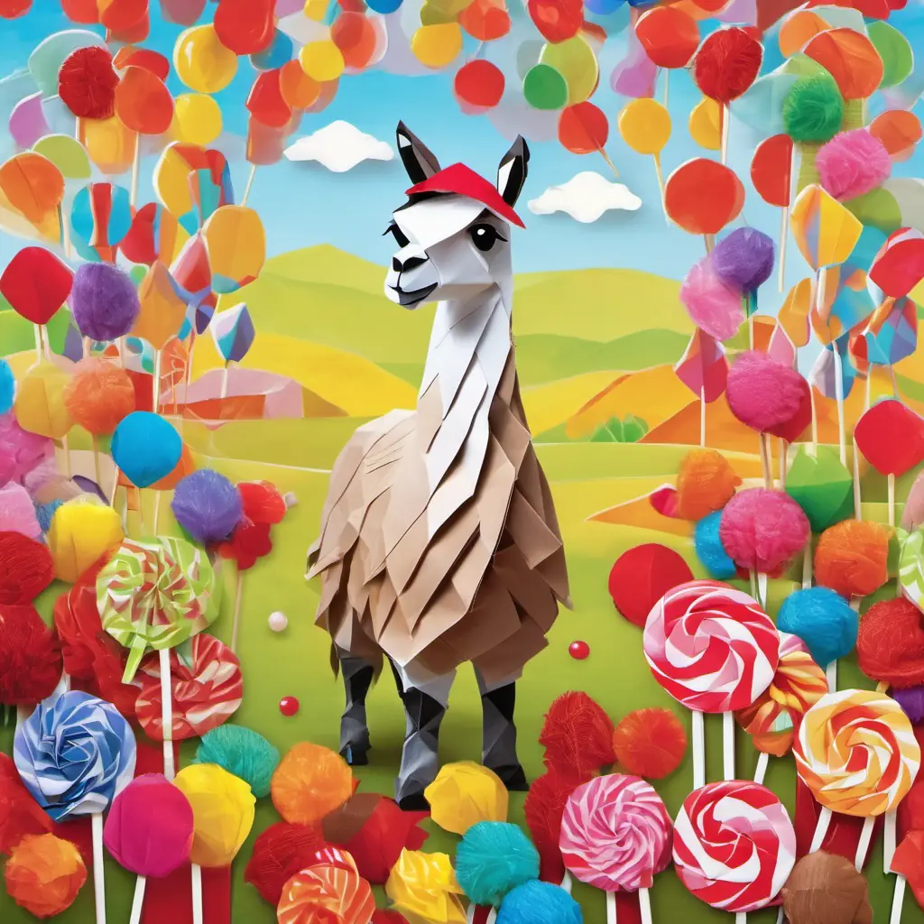 Lenny the llama has soft, brown fur and kind, brown eyes the llama is wearing a bright red hat and is standing in a field of colorful lollipops with a big lorry in the background.