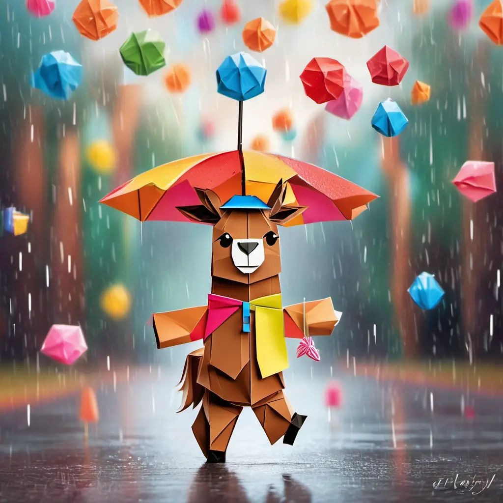 Lenny the llama has soft, brown fur and kind, brown eyes is running in the rain, holding a big umbrella and picking up lollipops that are flying around him.