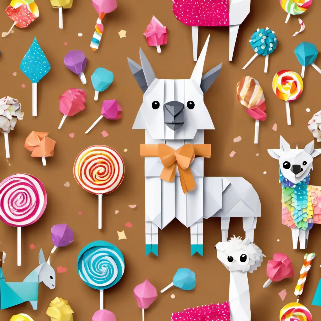 Lenny the llama has soft, brown fur and kind, brown eyes and his friends are holding lollipops, laughing, and enjoying their sweet treats together.