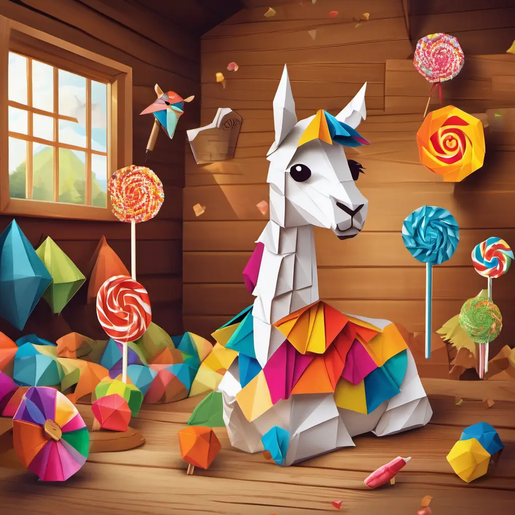 Lenny the llama has soft, brown fur and kind, brown eyes and his friends are fast asleep in the cozy cabin, surrounded by lollipops and dreaming of fun things.