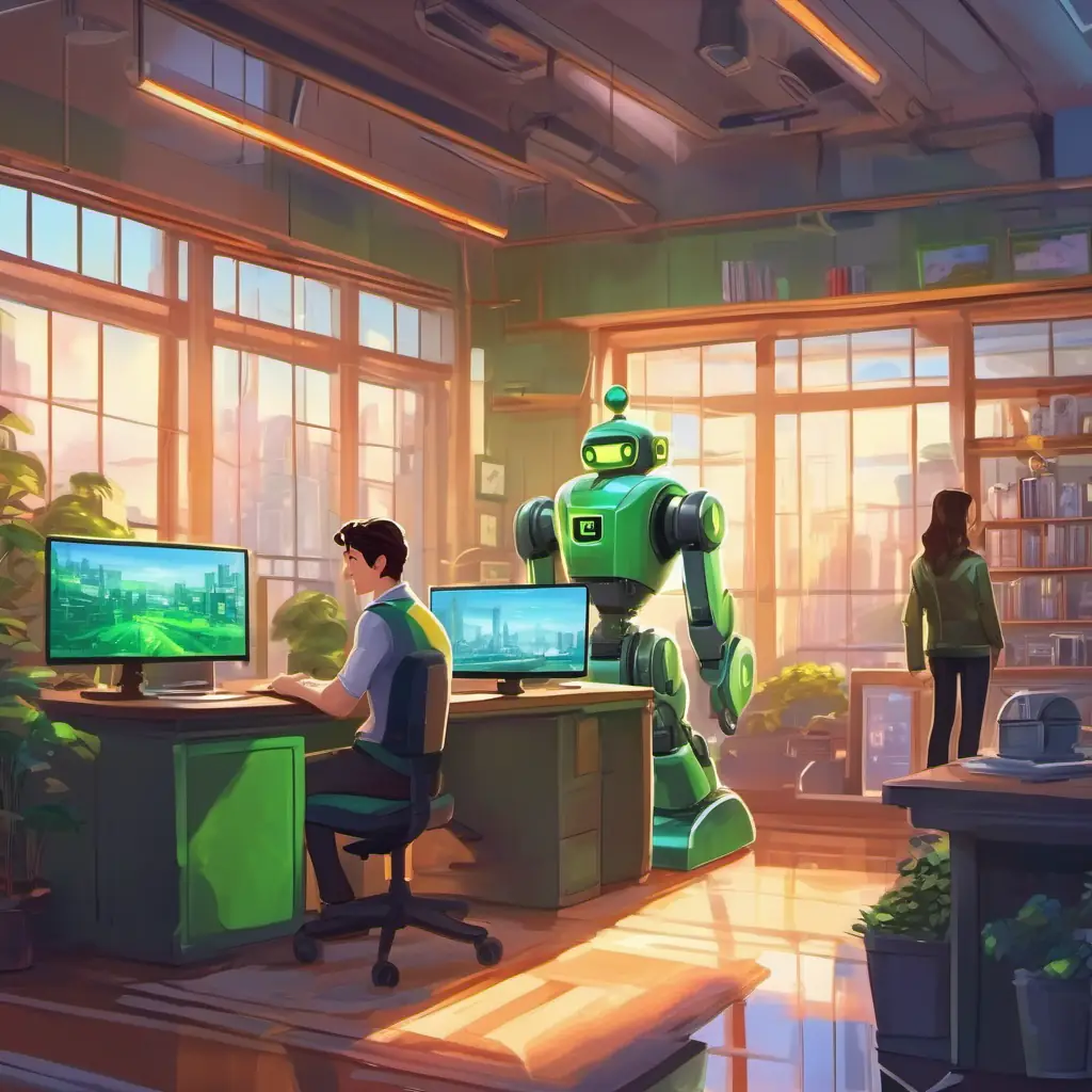 City of shiny buildings, Brunette hair, green eyes, friendly smile and his robot in the high-tech office