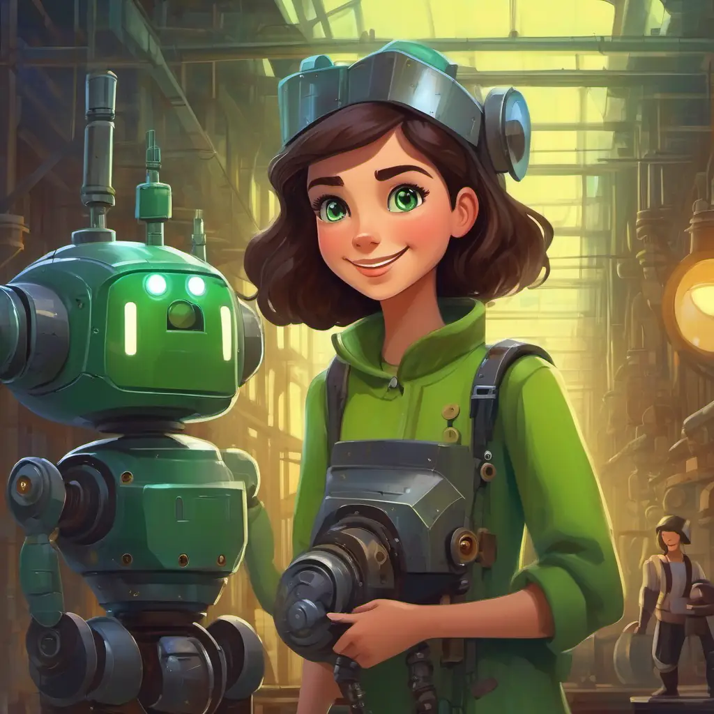 Brunette hair, green eyes, friendly smile and robot discovering mysterious signal from the old factory