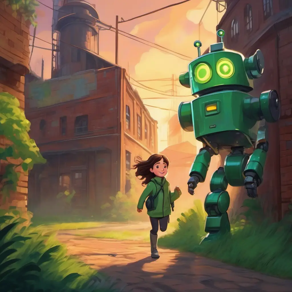 Brunette hair, green eyes, friendly smile and robot sneaking out and zooming towards the old factory