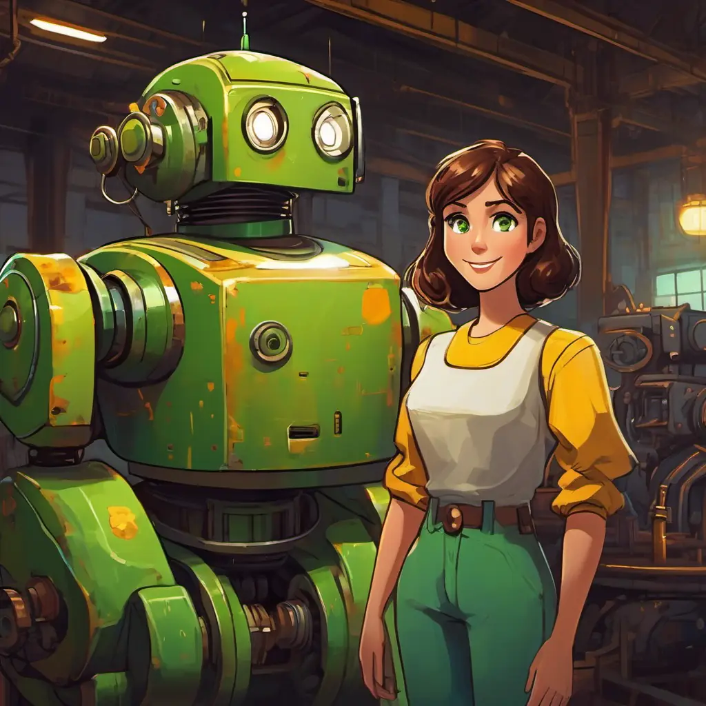 Brunette hair, green eyes, friendly smile and robot meeting Rusty, brownish exterior, flickering yellow eyes, an old rusty robot, in the dark factory