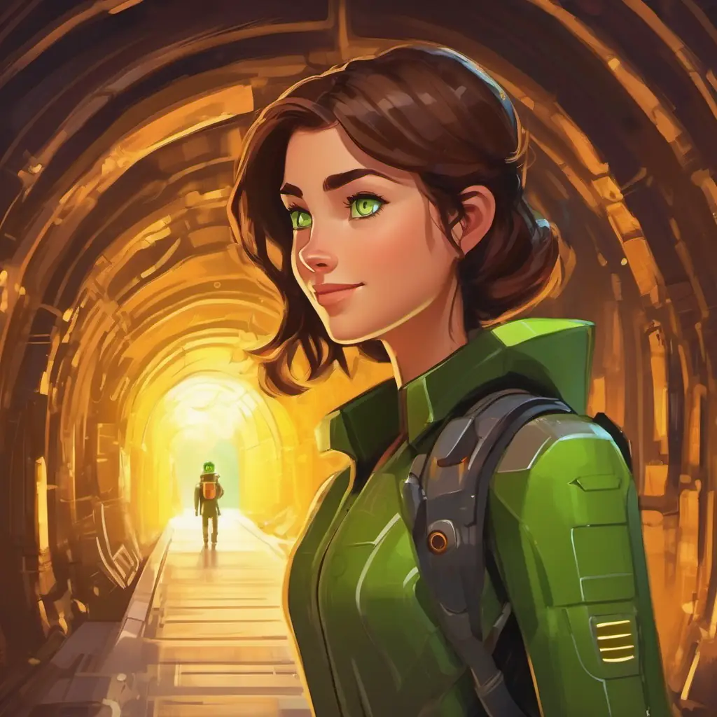 Brunette hair, green eyes, friendly smile, robot, and Rusty, brownish exterior, flickering yellow eyes on a thrilling adventure, navigating through tunnels and solving riddles