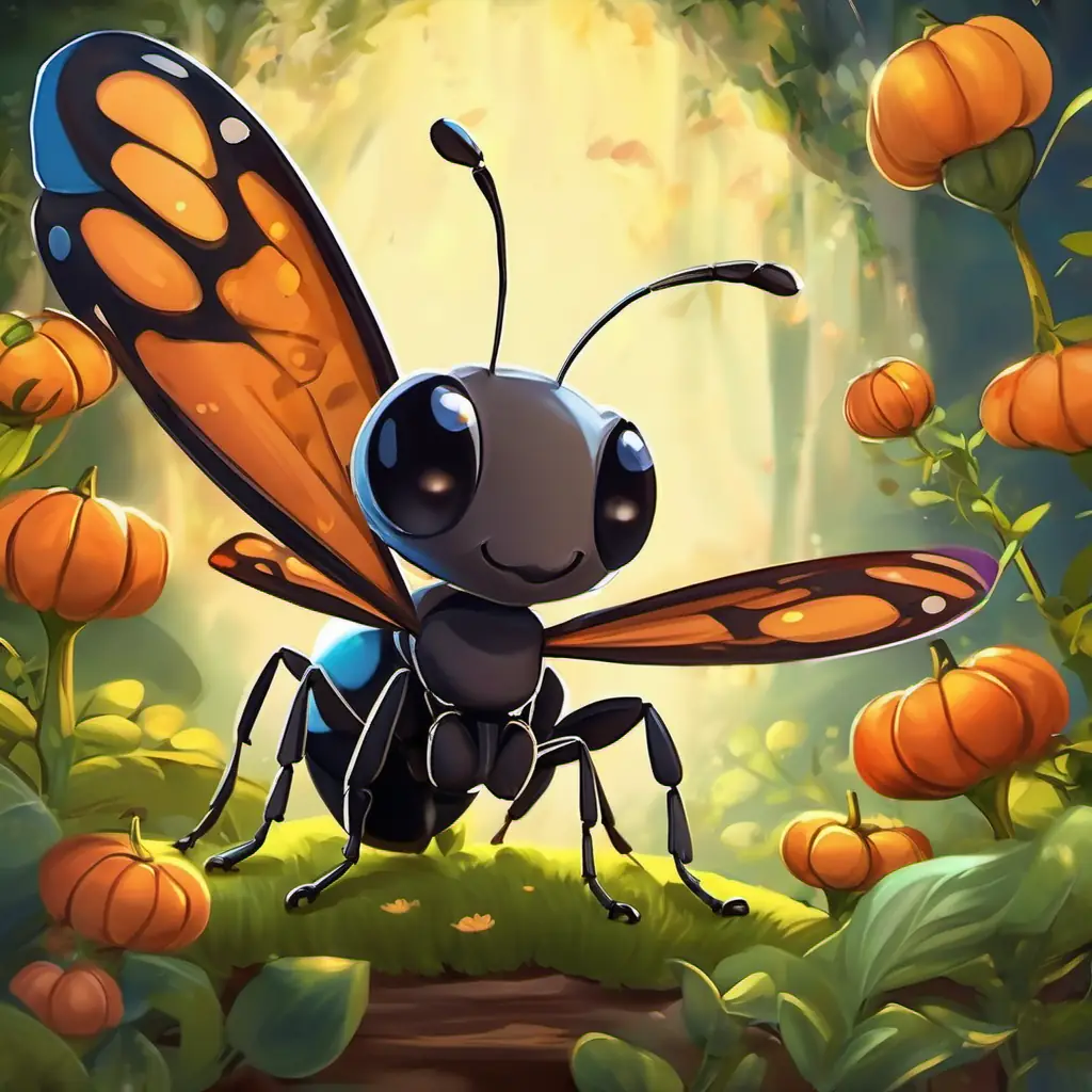 Andy is a small ant with a hardworking nature He has a brown body and black eyes the ant is in a garden, collecting food. He sees Bella is a beautiful butterfly with colorful wings that sparkle in the sunlight the butterfly with colorful wings.