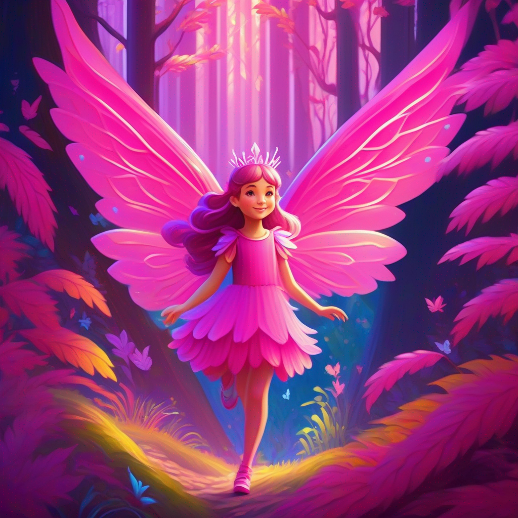 A pink fairy named A pink fairy with shimmering wings in a colorful forest.