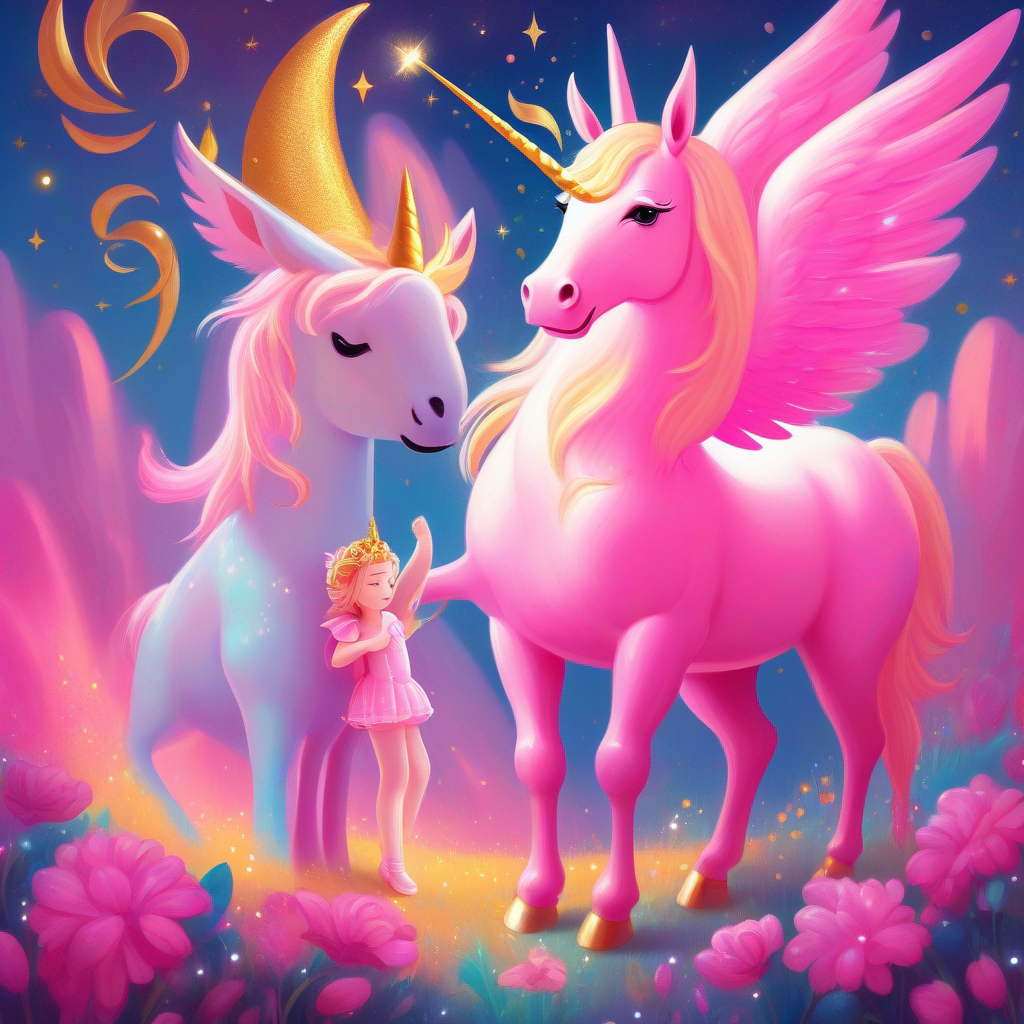 A pink fairy with shimmering wings finds a sad unicorn named A sad unicorn with a golden horn.