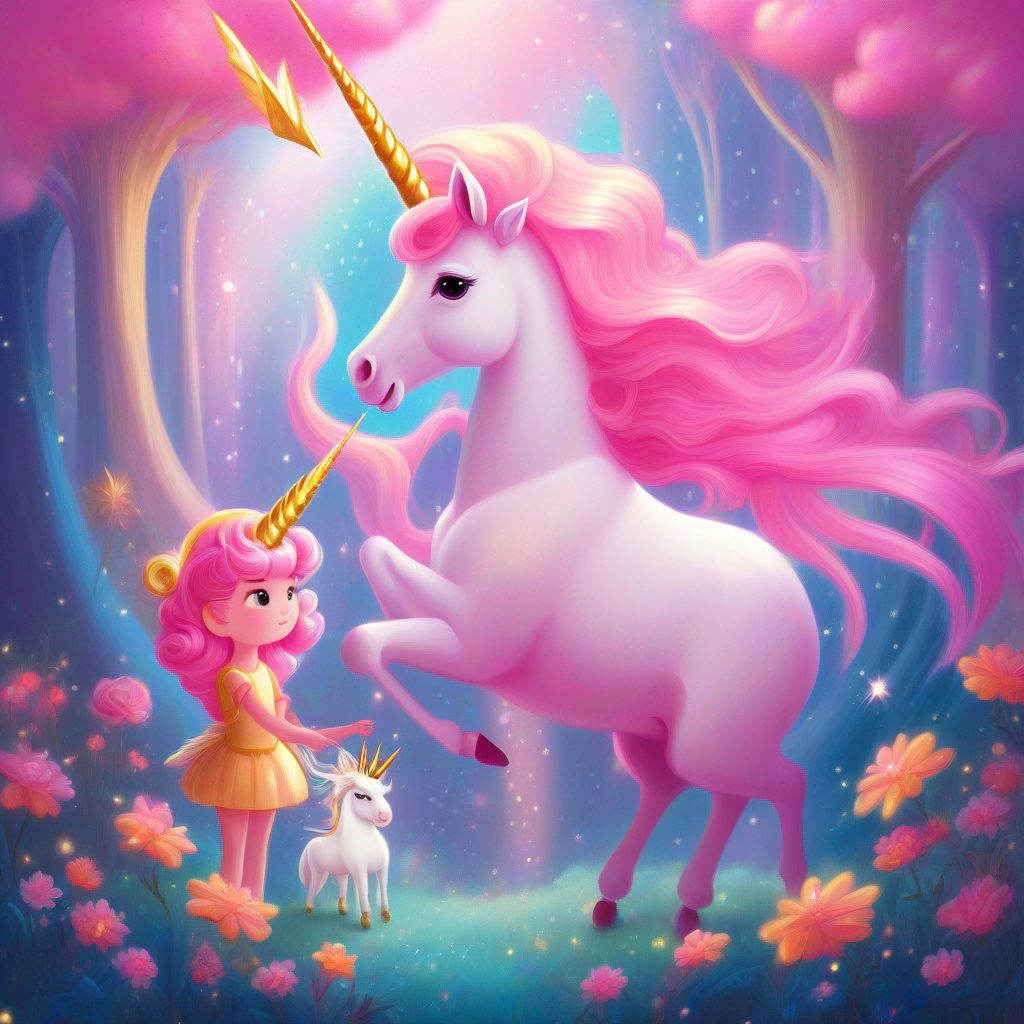 A sad unicorn with a golden horn feels frightened and A pink fairy with shimmering wings offers her help.