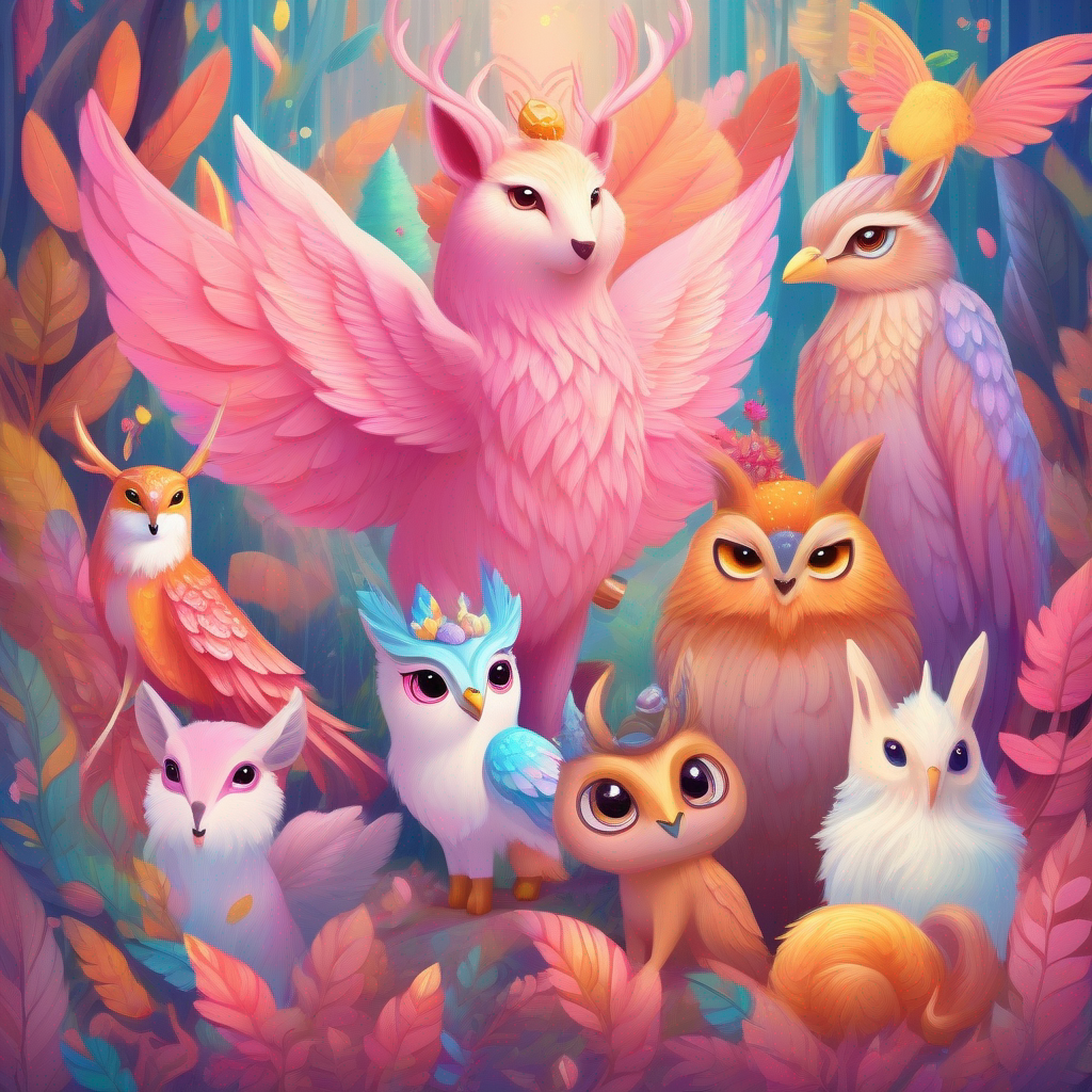 A pink fairy with shimmering wings, A sad unicorn with a golden horn, A wise owl with feathers of many colors, A mischievous squirrel with a fluffy tail, and A kind deer with gentle eyes on a journey.