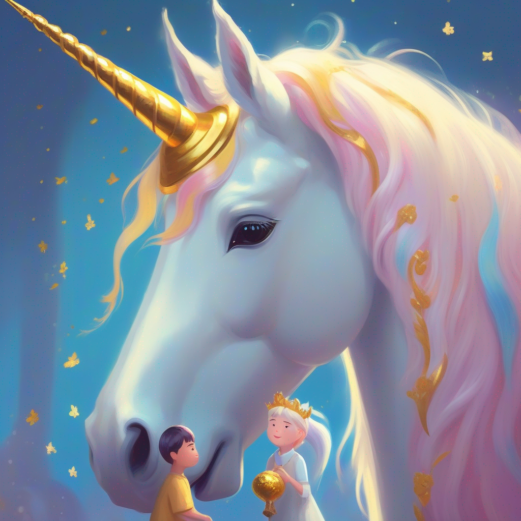 A sad unicorn with a golden horn reunites with her family, filled with joy.