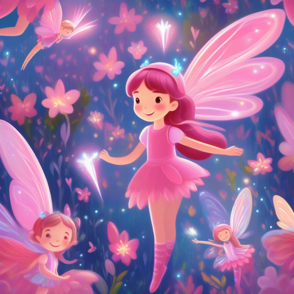 A pink fairy with shimmering wings and her magic friends bring kindness and smiles.