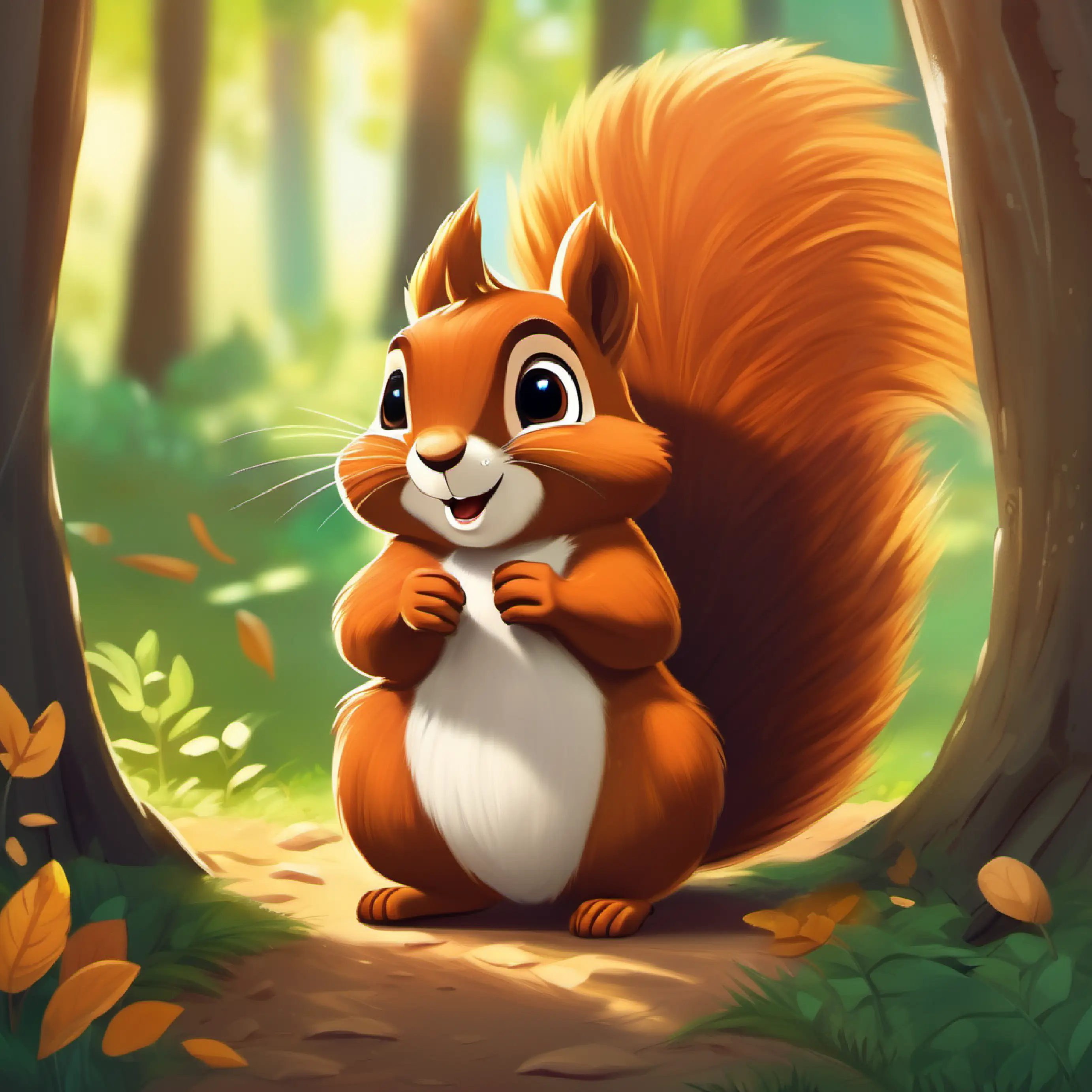 Introduction to Brave little squirrel, fluffy tail, big brown eyes the squirrel and the hidden treasure, sunny forest setting