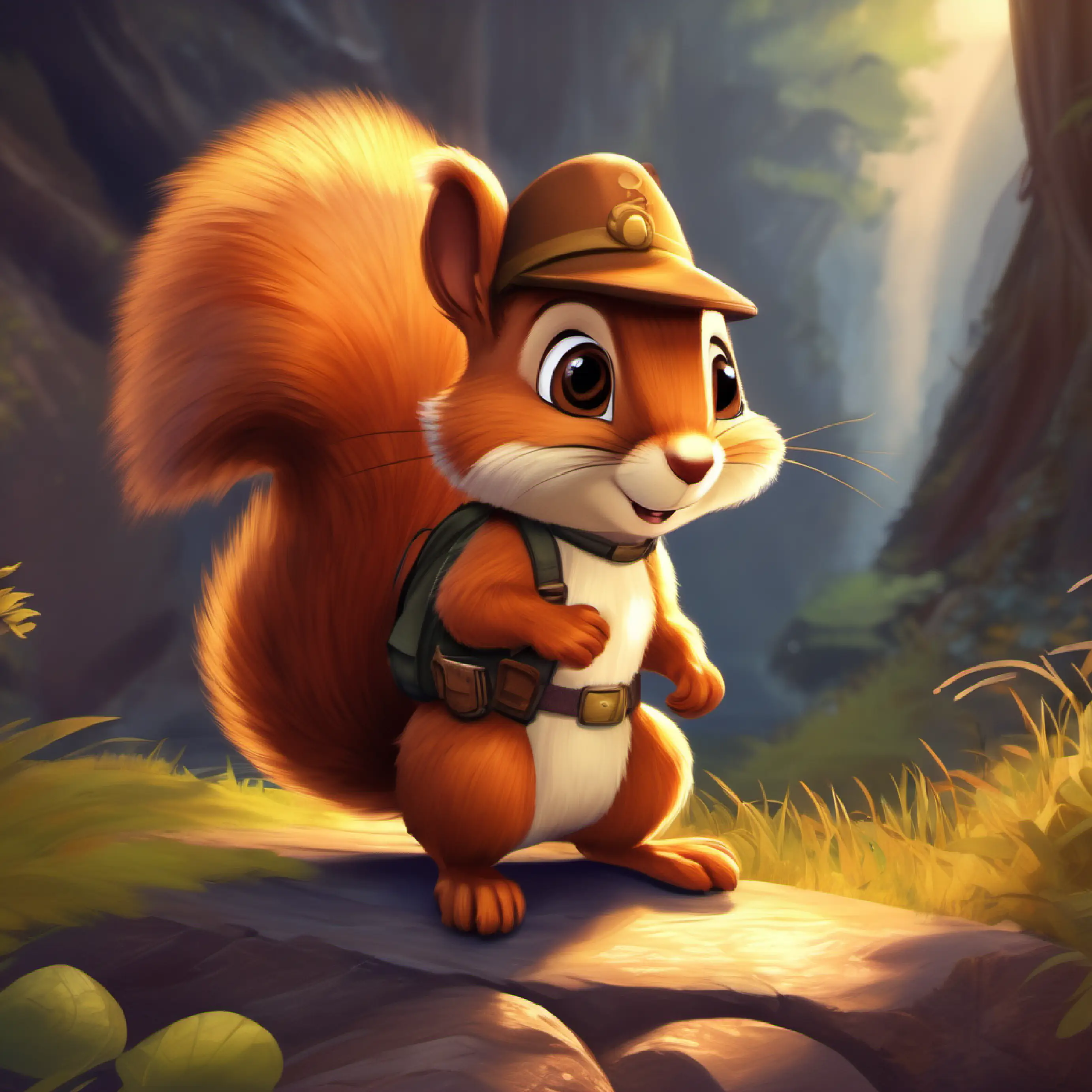Brave little squirrel, fluffy tail, big brown eyes learns about treasure, decides to find it, wearing his adventurer's cap