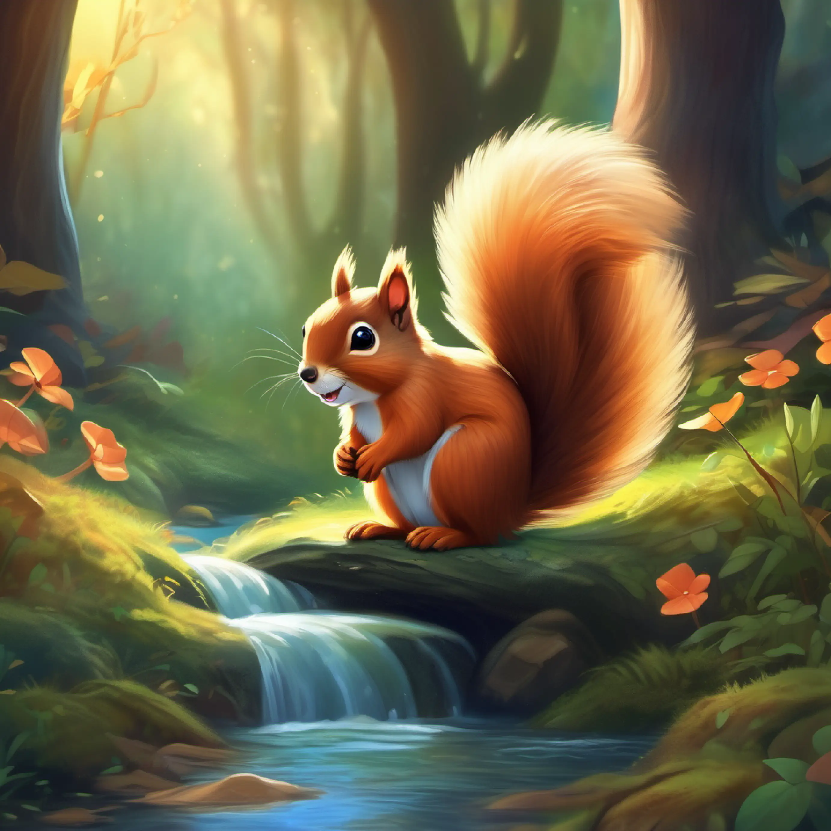 Brave little squirrel, fluffy tail, big brown eyes enters the enchanted forest, follows a singing stream