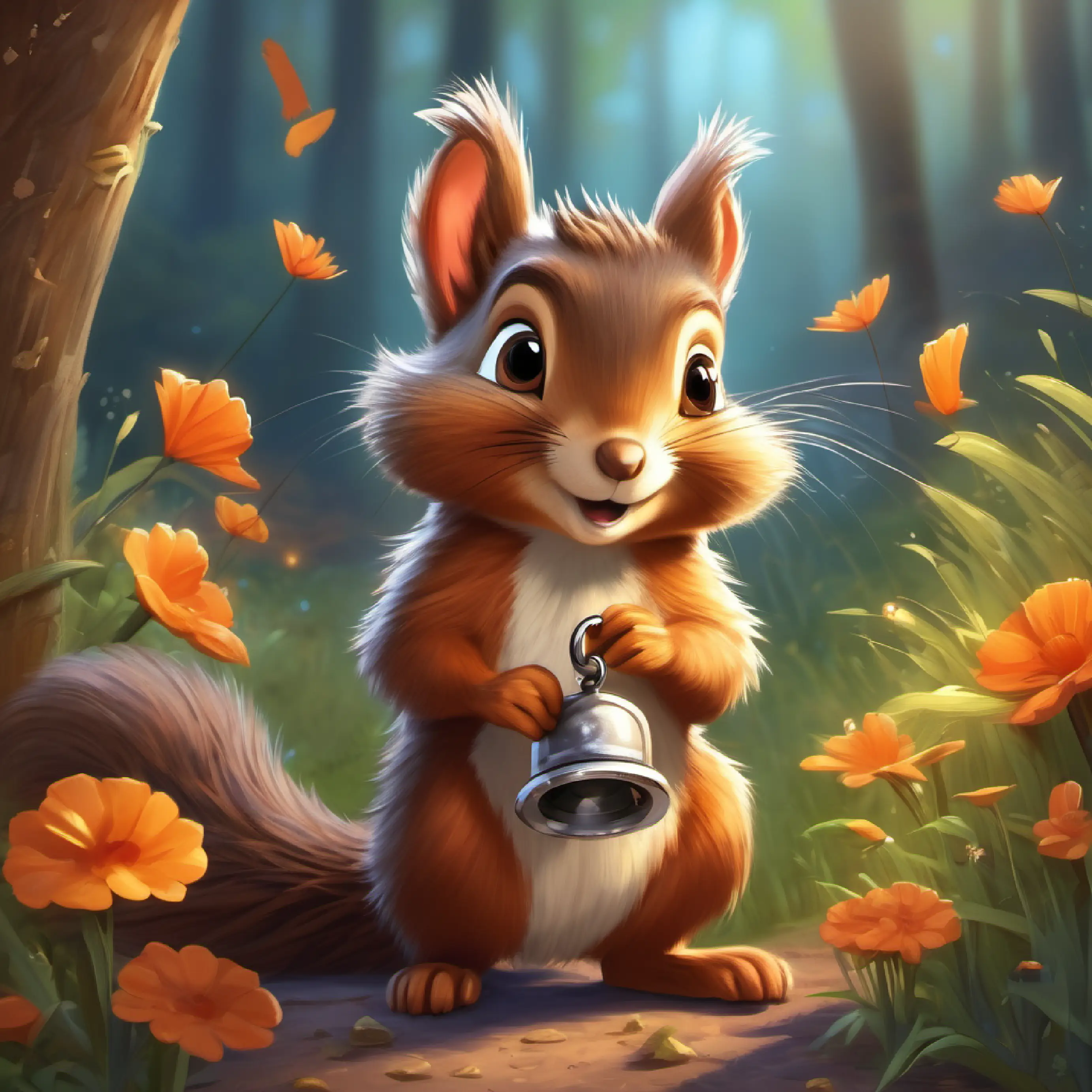 Brave little squirrel, fluffy tail, big brown eyes helps a lost hedgehog, receives a silver key for the treasure