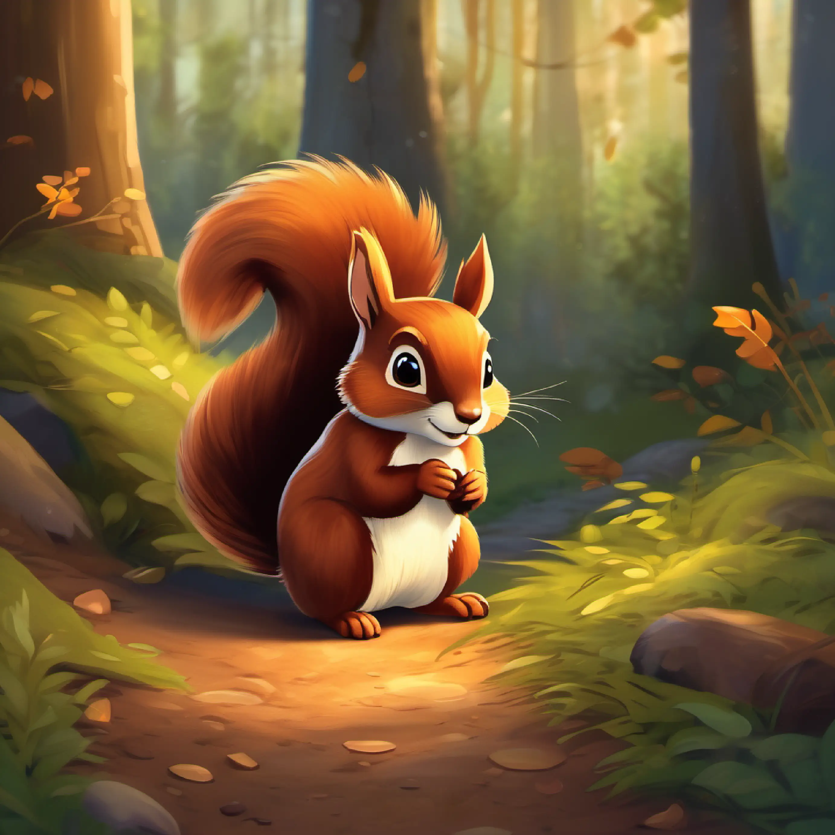 Brave little squirrel, fluffy tail, big brown eyes finds treasure, realizes adventure and friendship is the real treasure