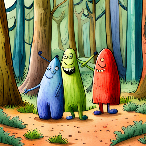 A group of friendly monsters smiling together in the forest