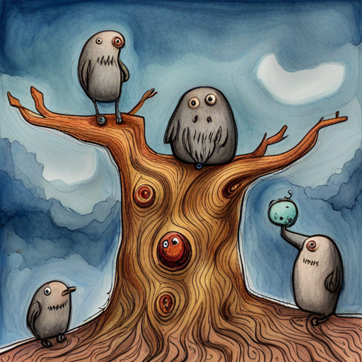 Monsters looking up at a tree with a baby bird