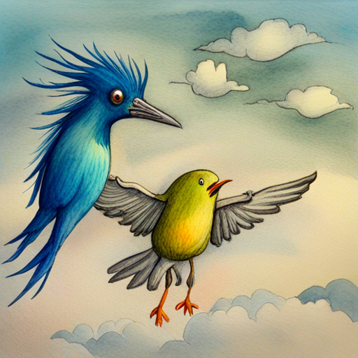 Monsters and baby bird flying towards its mommy bird