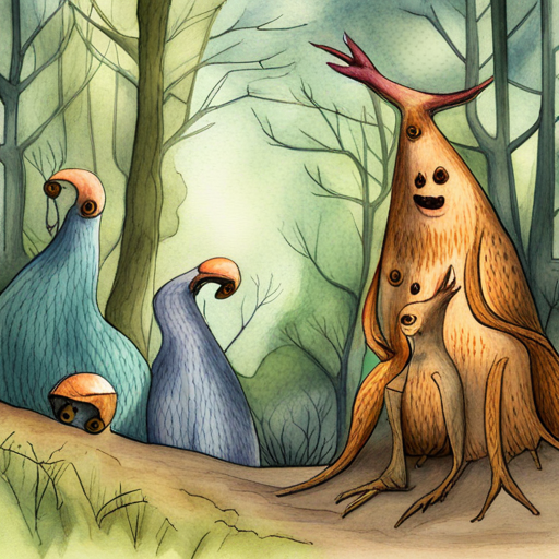 Monsters and birds playing together happily in the forest