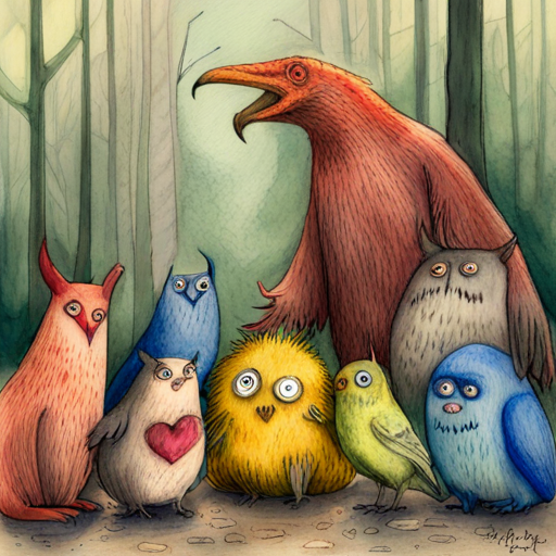 Monsters, birds, and other forest friends celebrating together