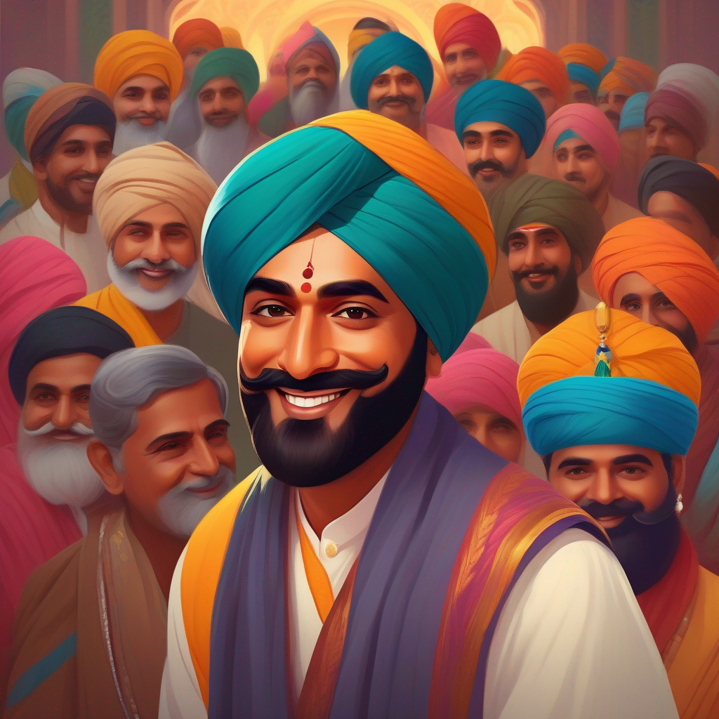 People, diverse outfits, happy faces, color: friendly and supportive advising Raja Raja Kamal Singh, turban, royal attire, caring expression, color: regal and wise, color: supportive and helpful