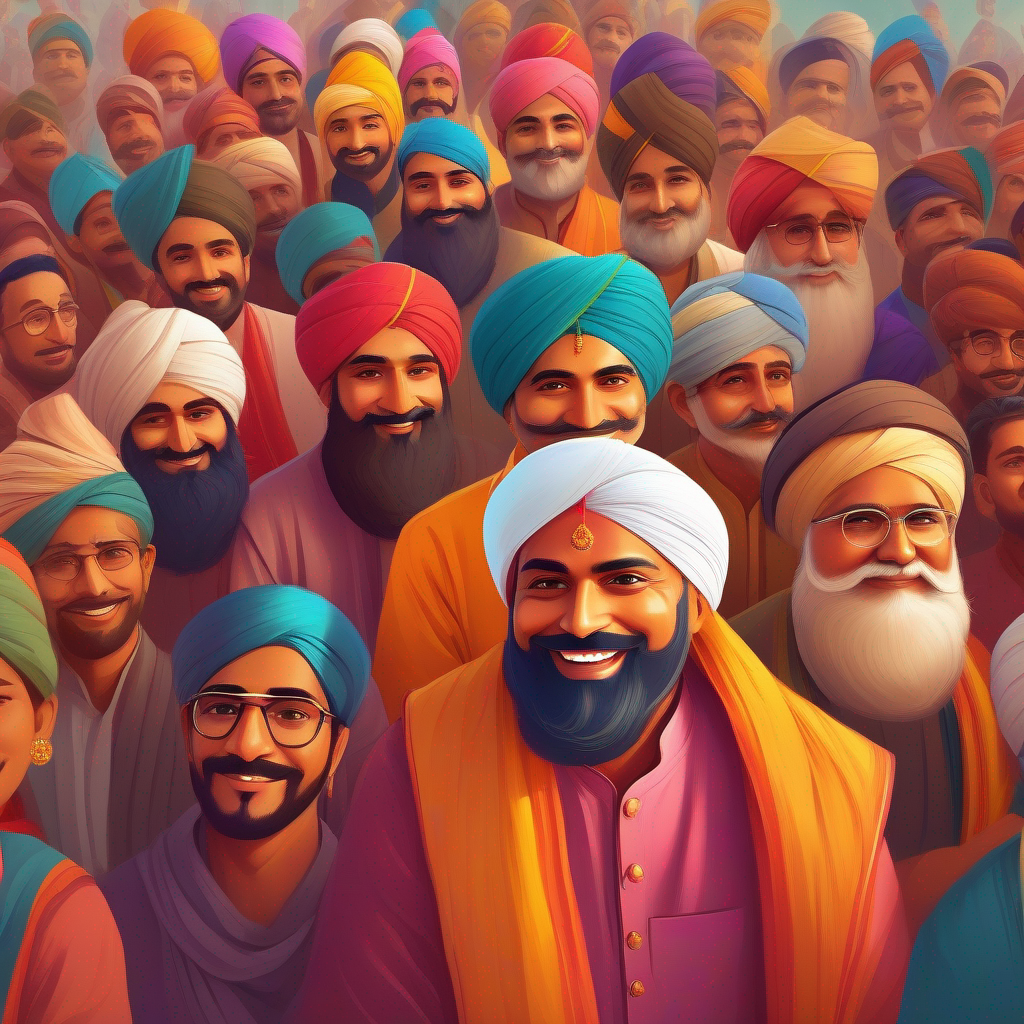 People, diverse outfits, happy faces, color: friendly and supportive thanking Raja Raja Kamal Singh, turban, royal attire, caring expression, color: regal and wise, color: grateful and trusting