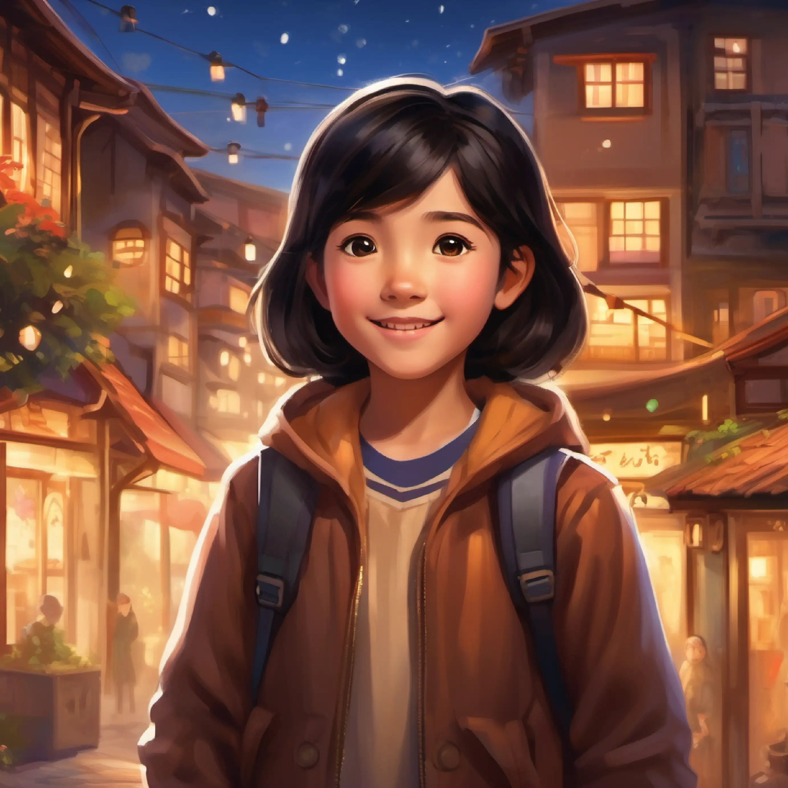 Introduction to Mei: little girl, 8 years old, cheerful, black hair, brown eyes and her magic words in her hometown