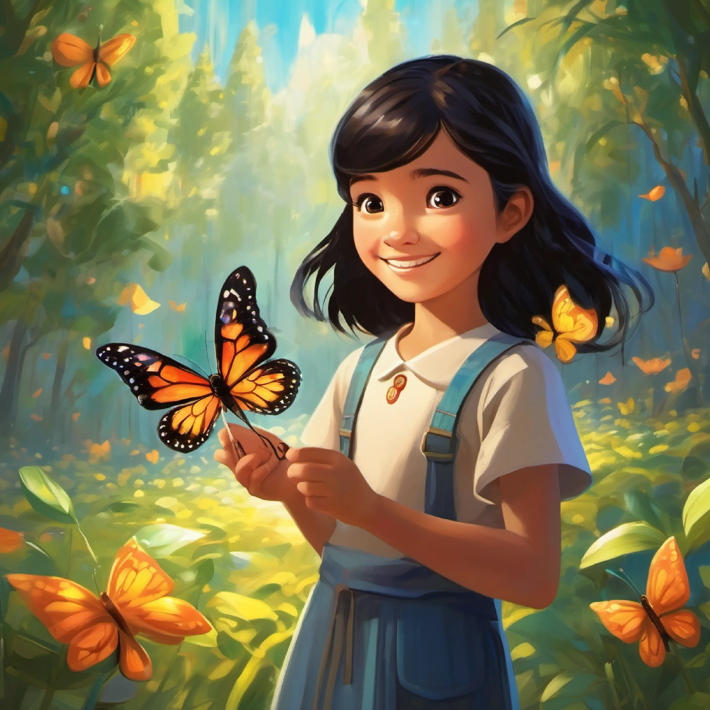 Mei: little girl, 8 years old, cheerful, black hair, brown eyes heals a butterfly's broken wing with her magic words