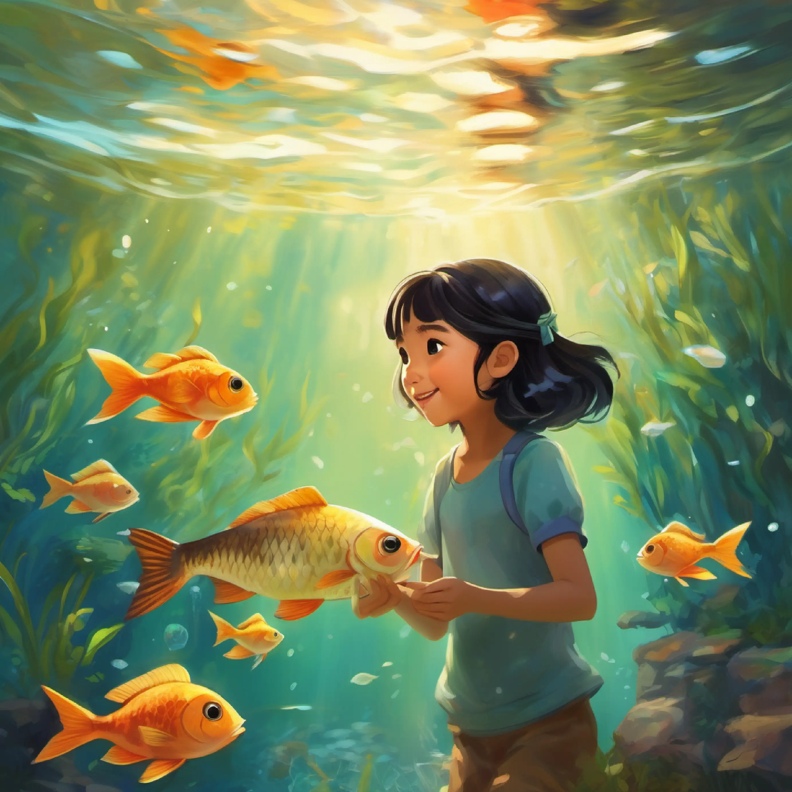 Mei: little girl, 8 years old, cheerful, black hair, brown eyes helps a fish swim again using her magic words