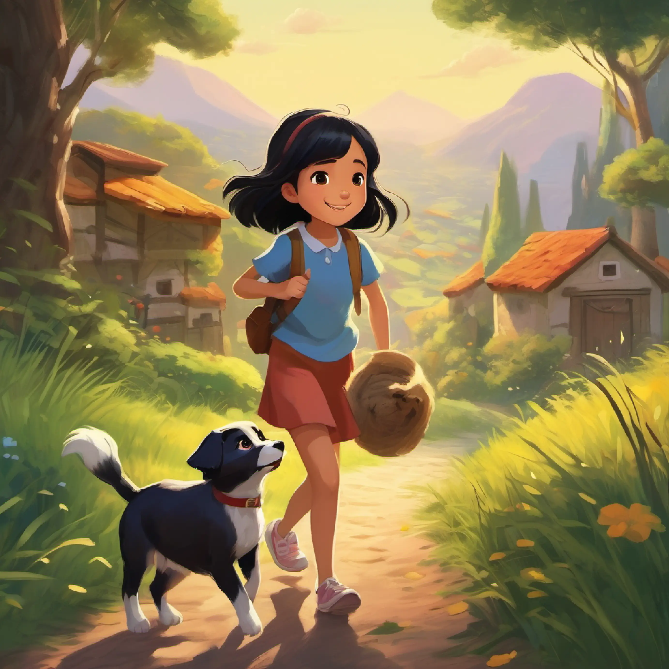 Mei: little girl, 8 years old, cheerful, black hair, brown eyes assists a lost puppy to find its way home