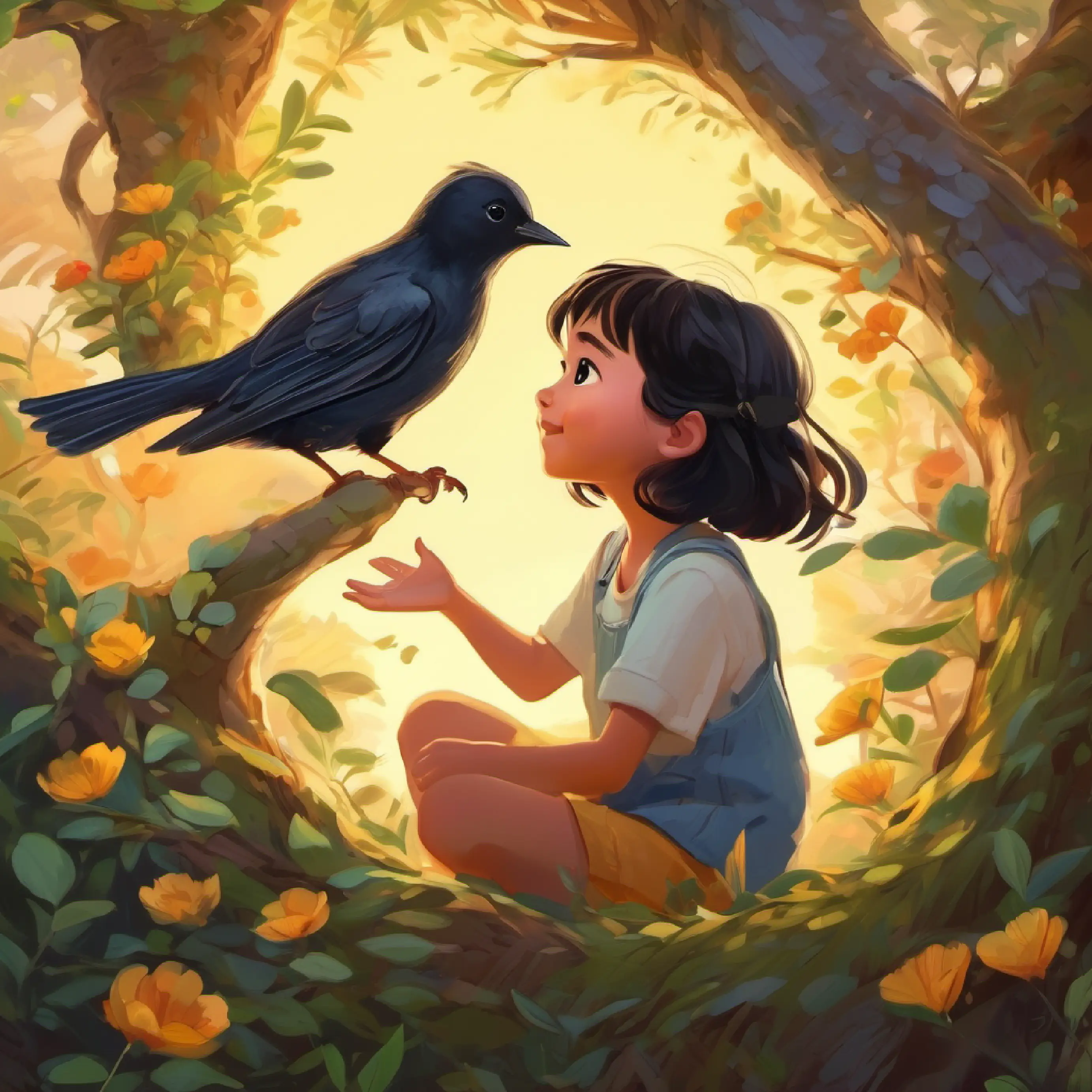 Mei: little girl, 8 years old, cheerful, black hair, brown eyes rescues a baby bird and returns it to its nest