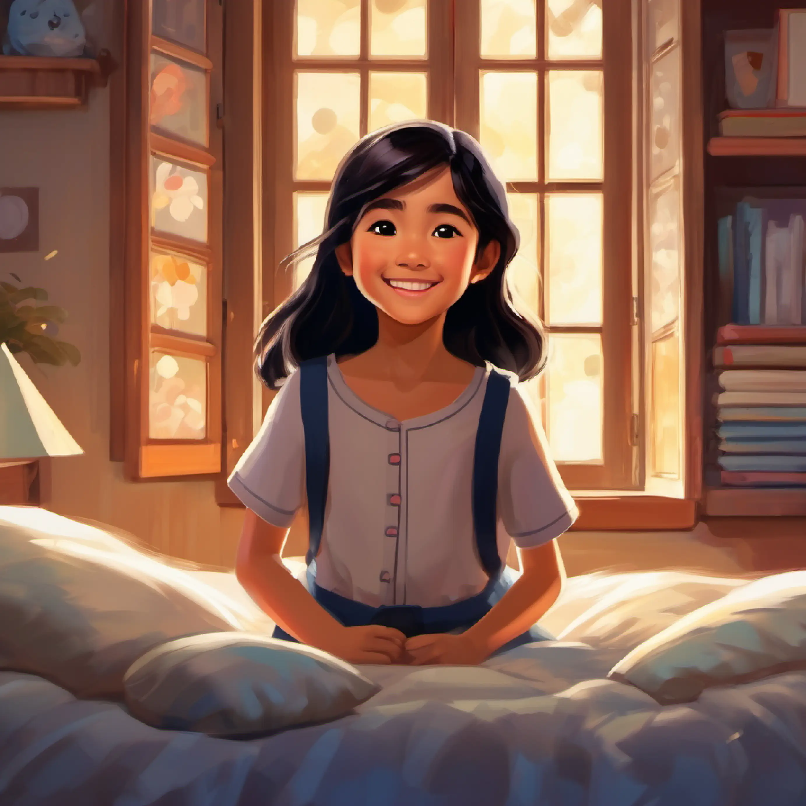 Mei: little girl, 8 years old, cheerful, black hair, brown eyes goes to bed feeling happy about her day of helping others
