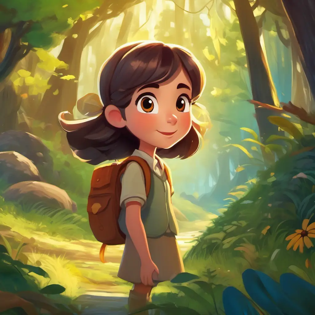 Curious girl with bright, playful eyes, and a warm smile exploring the magical forest near her village