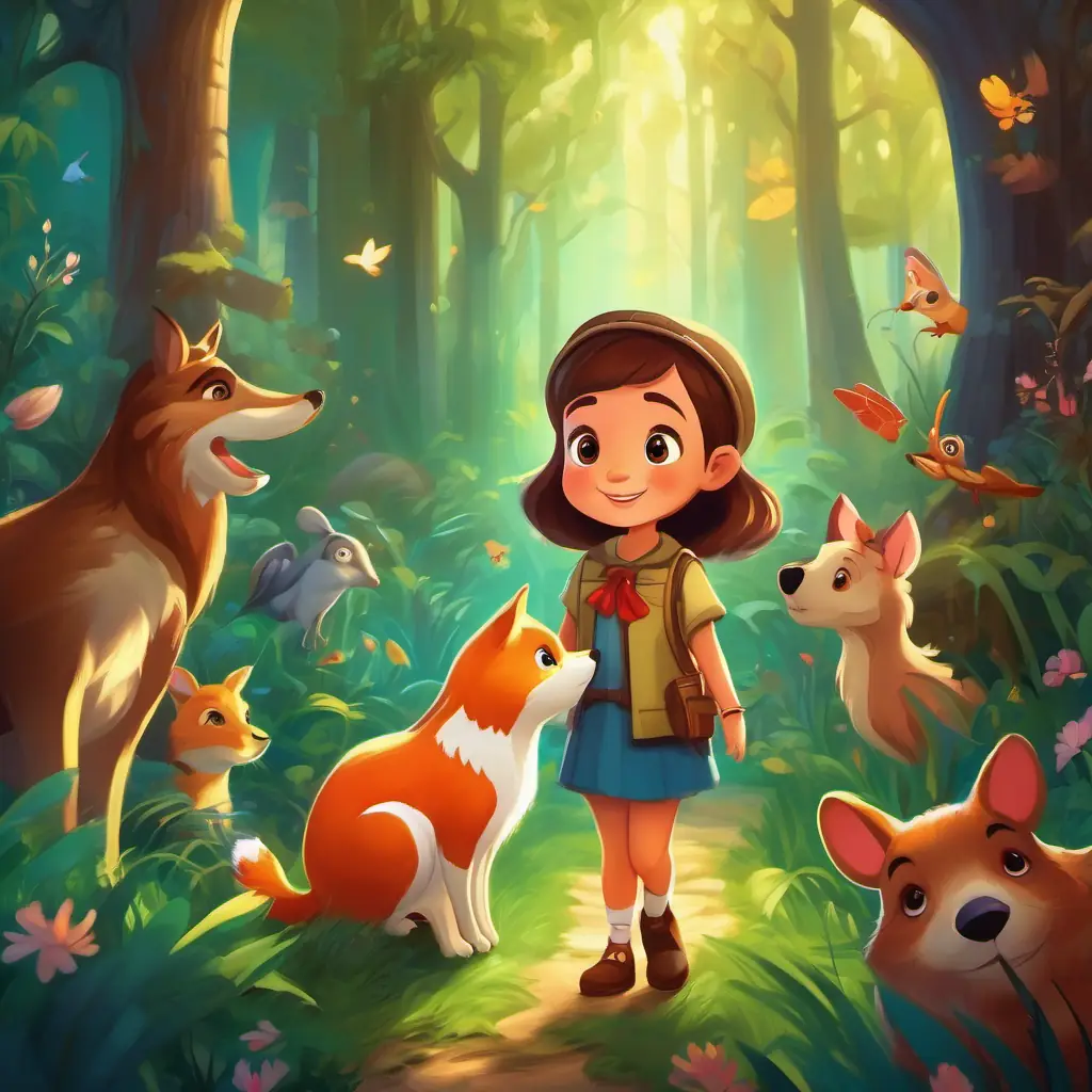 Curious girl with bright, playful eyes, and a warm smile meeting the talking animals in the enchanted forest