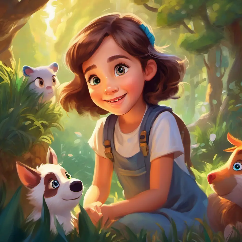 Curious girl with bright, playful eyes, and a warm smile learning important lessons and having fun with the talking animals