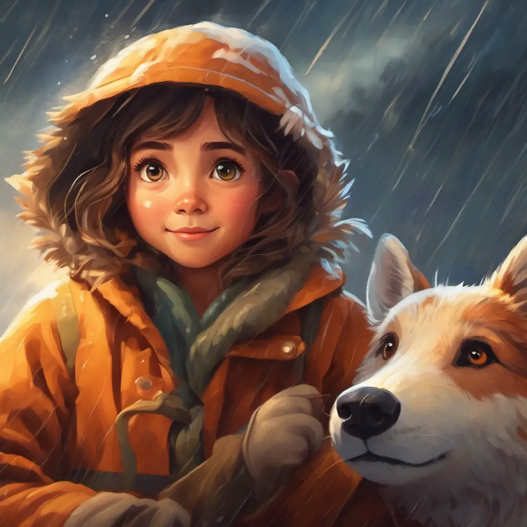 Curious girl with bright, playful eyes, and a warm smile showing courage and helping the animals during the storm