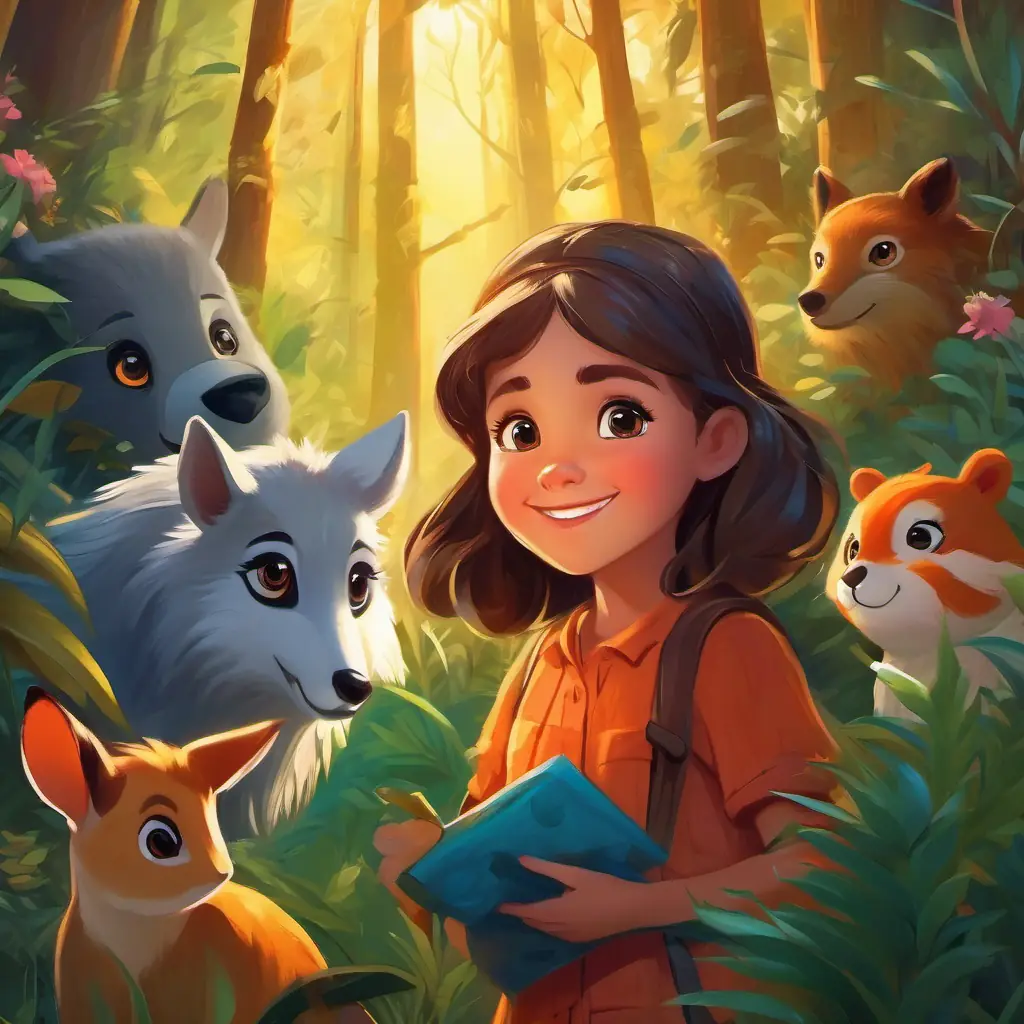 Curious girl with bright, playful eyes, and a warm smile and the animals forming a special bond and promising to protect the forest