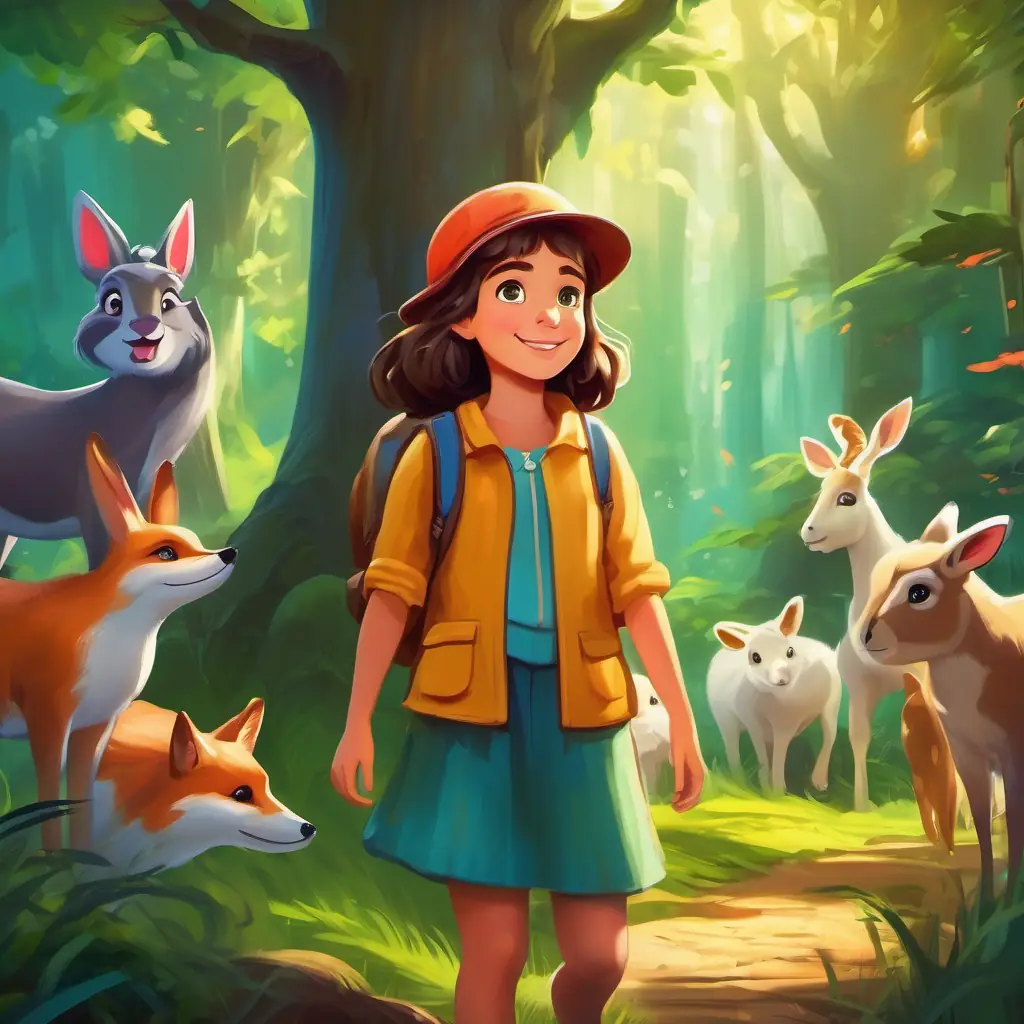 Curious girl with bright, playful eyes, and a warm smile visiting the enchanted forest and having fun with the talking animals