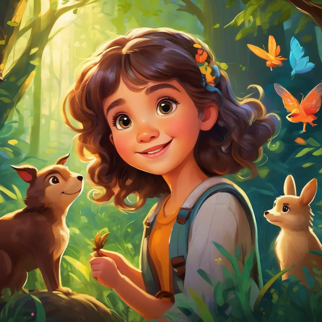 Curious girl with bright, playful eyes, and a warm smile and her talking animal friends having fun in the enchanted forest, the joy of friendship and the beauty of nature