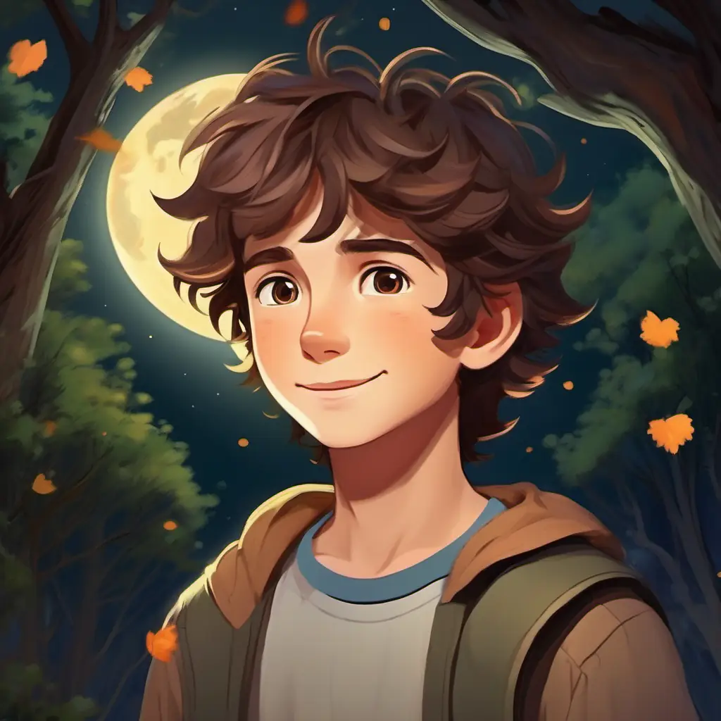 Brown-eyed boy with tousled hair, a tender smile, embodying warmth in a moonlit forest, seeking, unknowingly, for love.