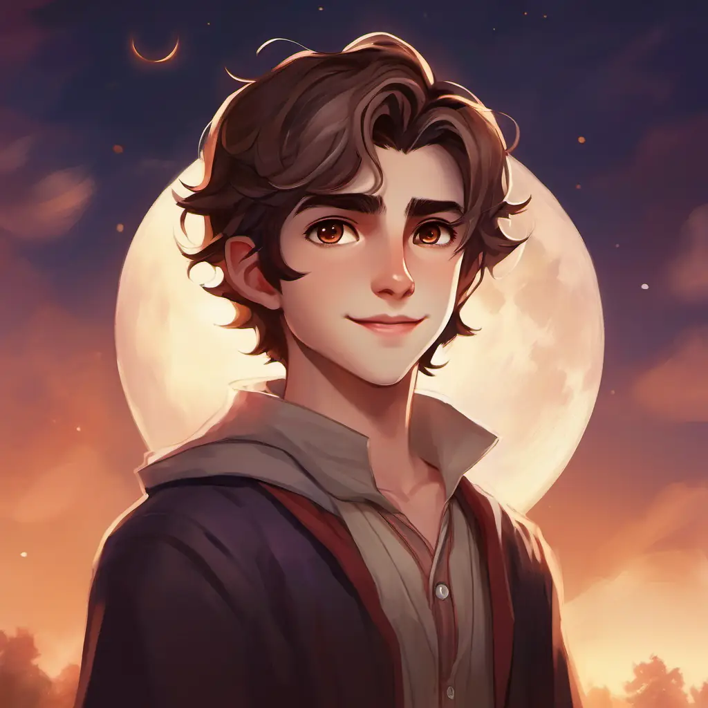 Brown-eyed boy with tousled hair, a tender smile, embodying warmth meets Vampire girl, alabaster skin, twilight-hued eyes, ethereal beauty, a vampire, radiant under the moon's glow.