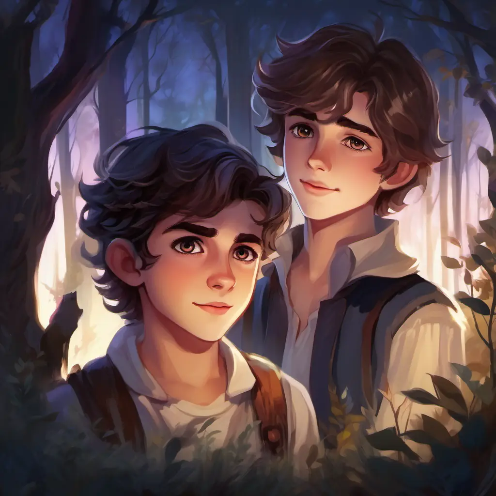 Nights pass, Brown-eyed boy with tousled hair, a tender smile, embodying warmth and Vampire girl, alabaster skin, twilight-hued eyes, ethereal beauty bond deeply in the forest.