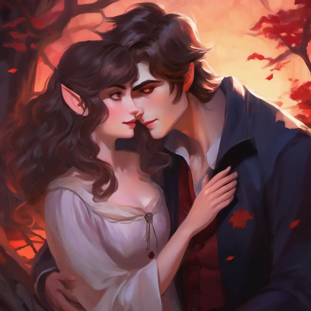 Vampire girl, alabaster skin, twilight-hued eyes, ethereal beauty confesses her true vampire nature to Brown-eyed boy with tousled hair, a tender smile, embodying warmth.