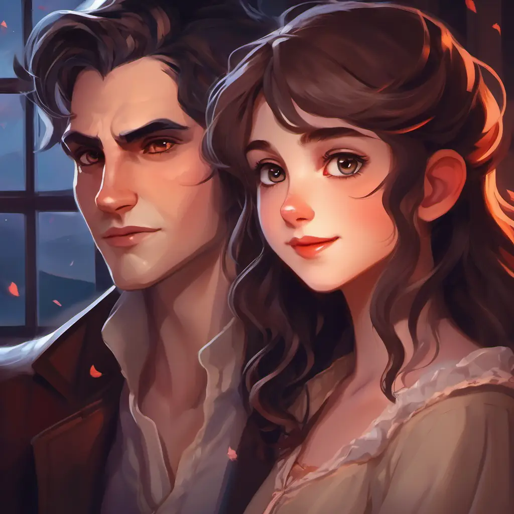 Vampire girl, alabaster skin, twilight-hued eyes, ethereal beauty struggles with the future loss of Brown-eyed boy with tousled hair, a tender smile, embodying warmth to time.