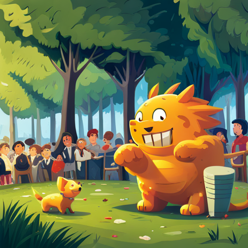 Zog plays with a puppy in the park, surrounded by people doing different activities