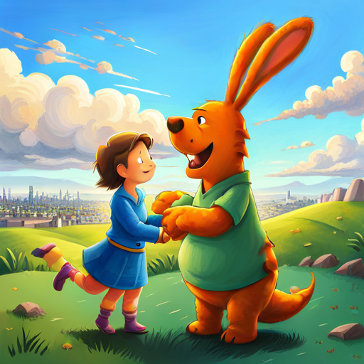 Zog and Emily giggle while Zog shakes her hand and accidentally bumps her nose