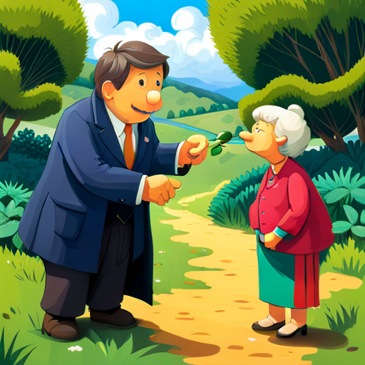 Zog and Mrs Johnson smile as Zog offers her a flower